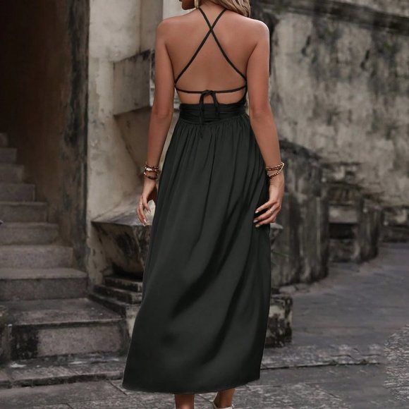 Black Preppy Womens Cut Out Tie Backless Wrap Hem Satin Halter Dress - Picture 2 of 5